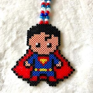 Handmade Kandi Necklace – Superman Logo Charm | Blue & Red Beaded Rave Festival